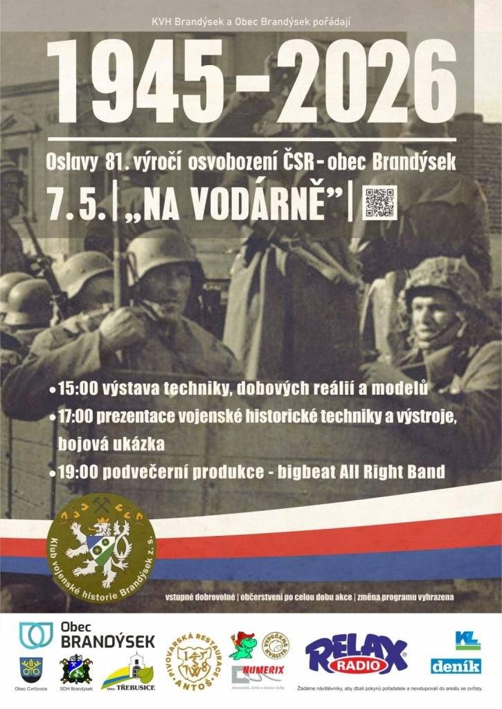 Přijďte oslavit 81. výročí osvobození v obci Brandýsek! Čeká Vás prezentace vojenské techniky, dynamické bojové ukázky a výstava dobových reálií. Podvečer zpříjemní koncert bigbeatové skupiny All Right Band. Vstupné je dobrovolné a občerstvení bude k dispozici po celou dobu akce.