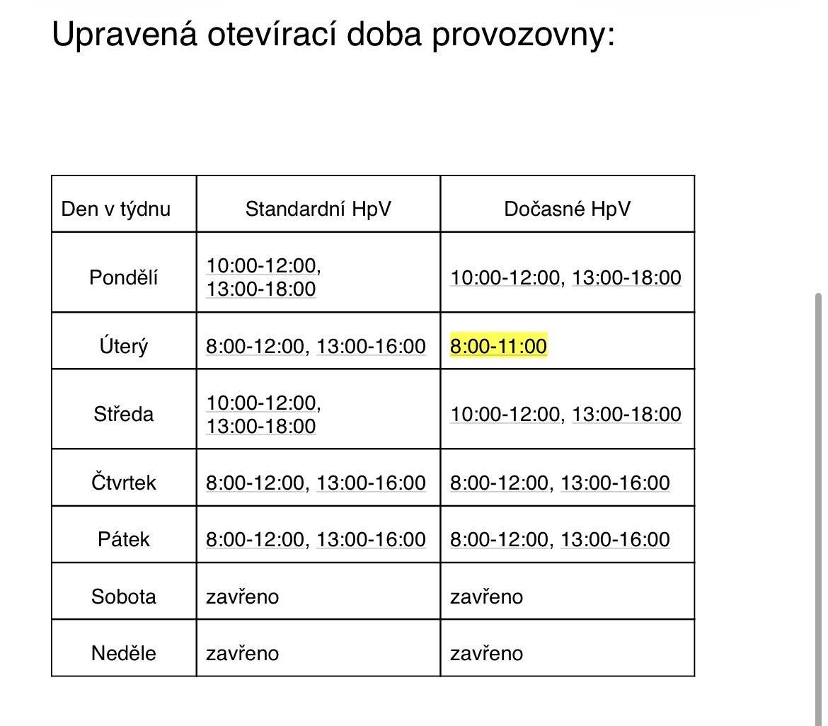 Dovolujeme si Vás informovat o dočasné změně hodin pro veřejnost provozovny ČESKÉ POŠTY Vejprty. Rozsah hodin pro veřejnost bude omezen na nezbytně nutnou dobu ve dne 19.5.2026 z provozních důvodů.