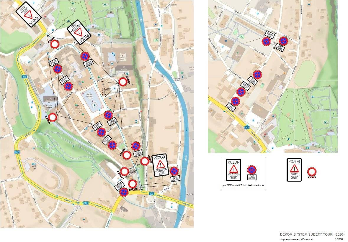 Předáváme informace pořadatele: V souvislosti s konáním cyklistického závodu DEKOM SYSTÉM Sudety Tour v Broumově (start a cíl závodu bude na Mírovém náměstí) a s ohledem na bezpečnost závodníků a veřejnosti bude od soboty 09.05.2026 od 16:00 h do neděle 10.05.2026 do 18:00 h omezeno parkování ve vyznačených lokalitách. Viz dopravní značení rozmístěné po městě. V neděli 10.05.2026 pak bude zcela uzavřen vjezd na Mírové náměstí, a to v čase od 06:00 h do 18:00 h.  Obyvatelům bydlícím v dotčených zákazech bude umožněn vjezd i výjezd kromě času 08:45 – 10:00 h – start závodu a v čase 11:30 – 15:00 h – kdy budou zcela uzavřeny silnice od křižovatky U Dolní brány/V Kopečku, silnice V Kopečku, Obránců Míru, Mírové náměstí. Žádáme o respektování dopravního značení. Dbejte prosím pokynů strážníků Městské Policie a pořadatelské služby.  Děkujeme za trpělivost, respektování pokynů a přijďte fandit. Organizátor a pořadatel závodu CzechCycleHub, pobočný spolek Hradec Králové