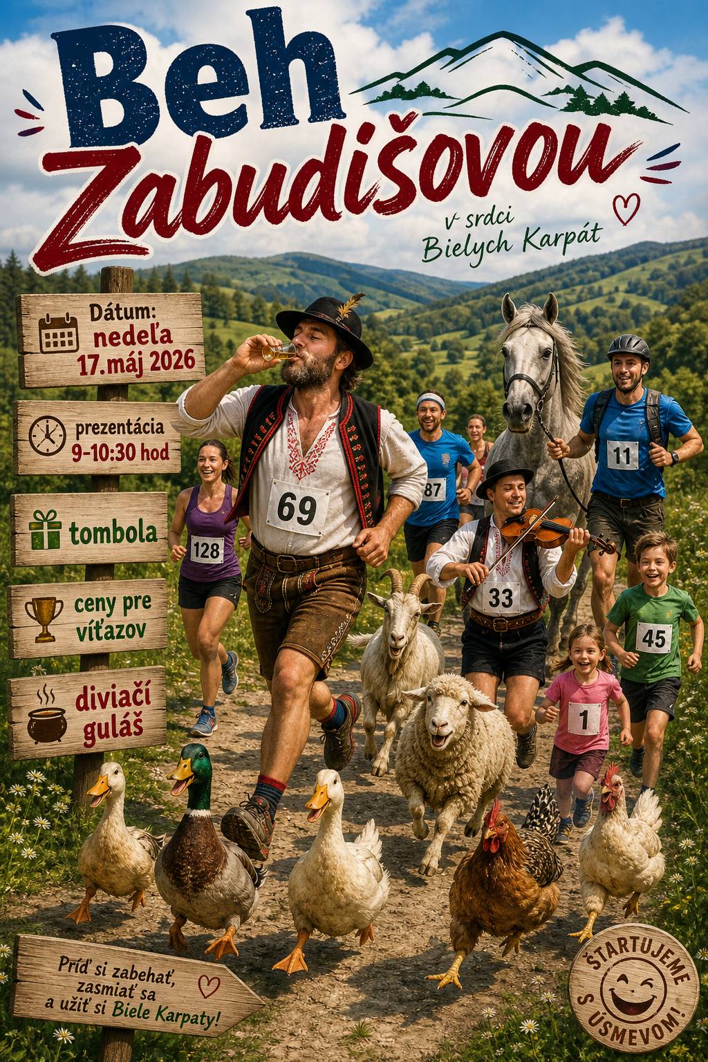 Pozývame Vás na Bẹh Zabudišovou v srdci Bielych Karpát v nedeľu 17.mája 2026. Prezentácia v čase 9 - 10:30 hod. Štart hlavnej kategórie je o 11:00 hod. Príď si zabehať, zasmiať sa a užiť si Biele Karpaty!
