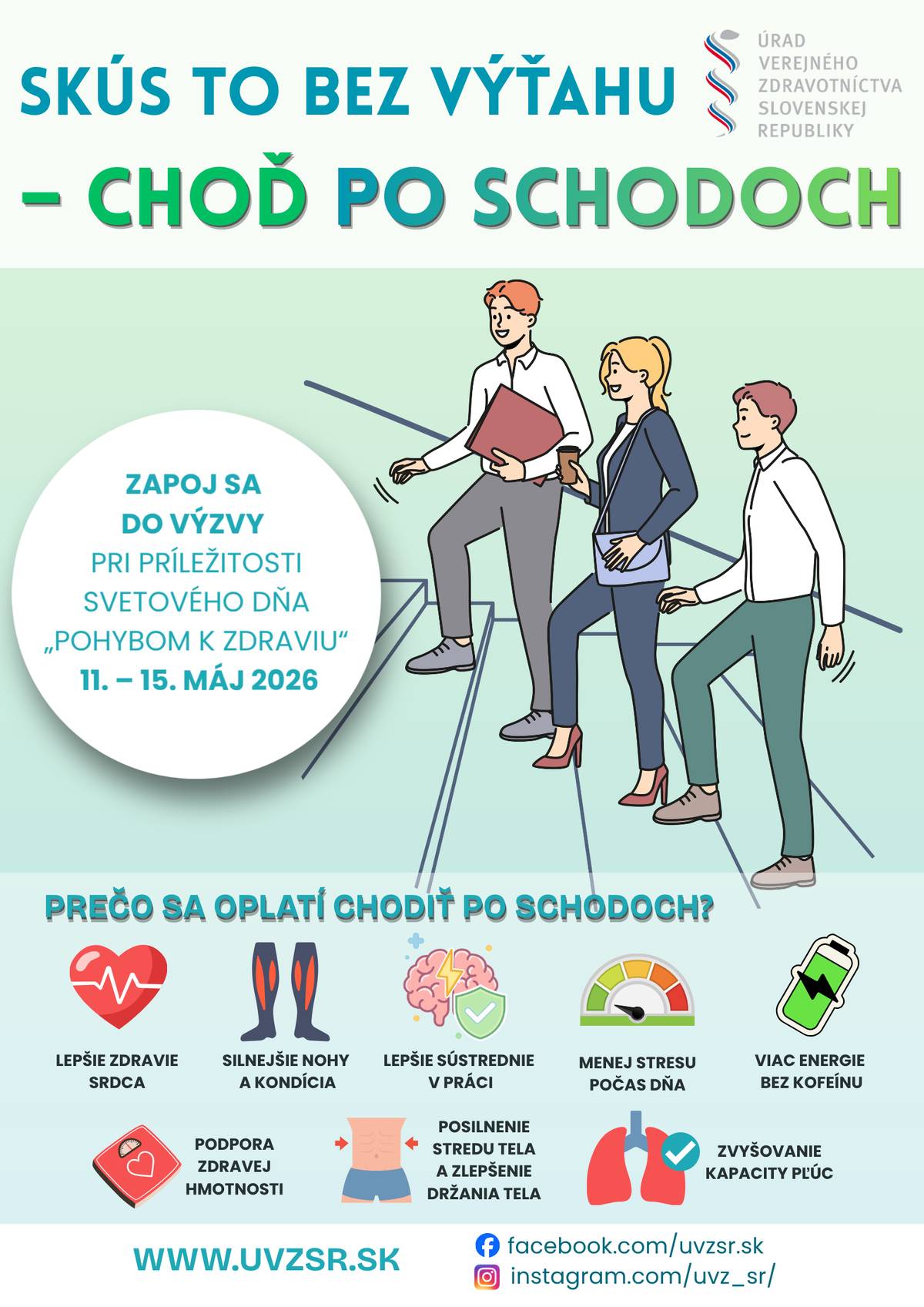 V období od 1. do 15. mája 2026 sa uskutoční výzva "Pohybom k zdraviu", ktorá povzbudzuje všetkých, aby sa zapojili do aktivity chodenia po schodoch. Táto iniciatíva ponúka množstvo výhod, ako sú zlepšenie zdravia, zvýšenie sily nôh, lepšie sústredenie a menej stresu. Chodenie po schodoch môže tiež zvýšiť energiu a zlepšiť kardiovaskulárnu kondíciu bez potreby kofeínu. Zapojiť sa môže každý a prispieť tak k svojmu zdraviu a pohode.