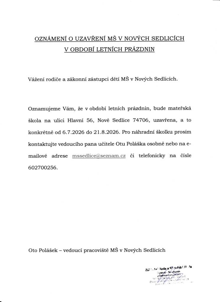Rozpis prázdninového provozu opavských mateřských škol pro rok 2026