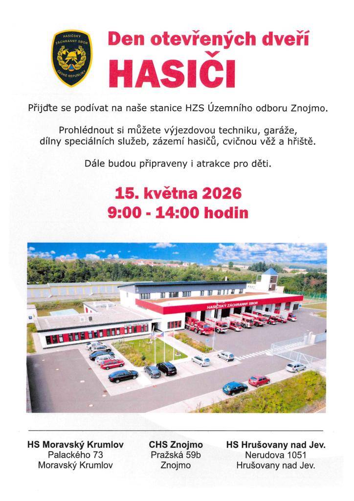 Přijďte se podívat na stanice HZS Územního odboru Znojmo během Dne otevřených dveří, který se koná 15. května 2026 od 9:00 do 14:00 hodin. Na akci si můžete prohlédnout výjezdovou techniku, garáže, dílny speciálních služeb a další zázemí hasičů.