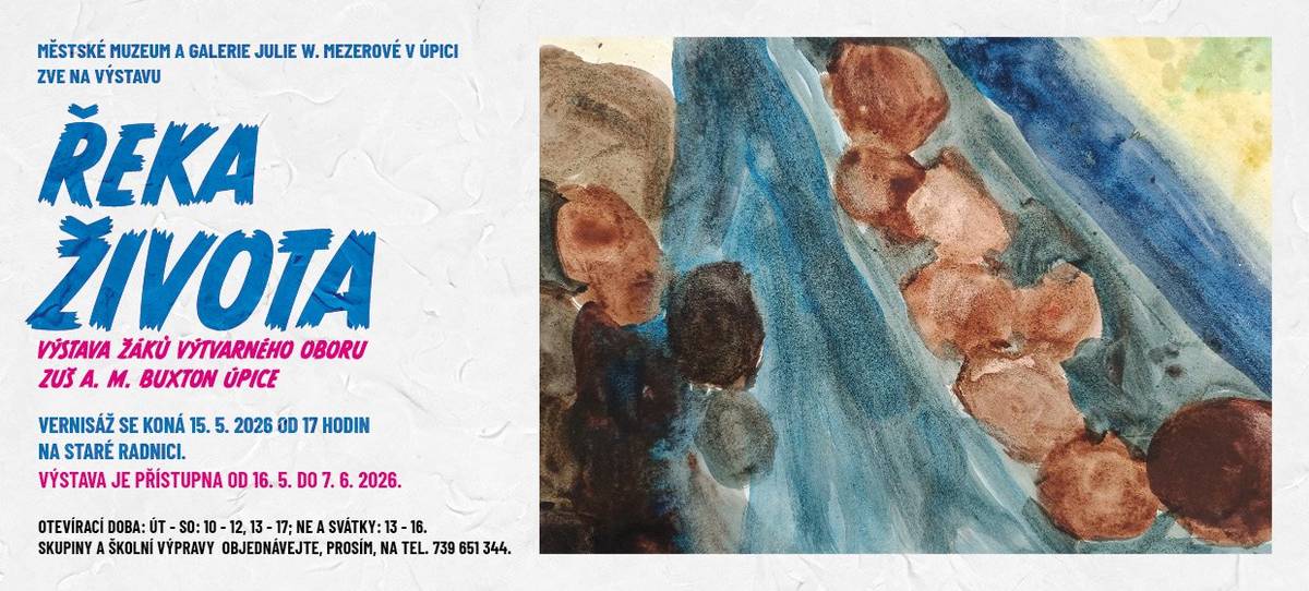 Městské muzeum a galerie JWM srdečně zve na tradiční výstavu žáků výtvarného oboru ZUŠ A. M. BUXTON Úpice ze tříd Jany Wolfové a Stanislava Janigy. Těšíme se na Vás na vernisáži v pátek 15. 5. 2026 v 17 hodin. Výstava je přístupná od 16. 5. 2026 do 7. 6. 2026. Otevírací doba: út – so: 10 – 12; 13 – 17; ne a svátky: 13 – 16. Skupiny a školní výpravy objednávejte, prosím, na tel. 739 651 344.
