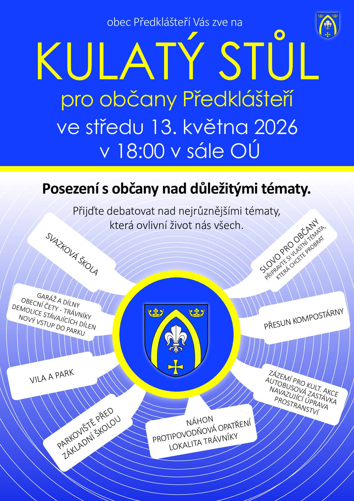 Přijměte pozvání ke KULATÉMU STOLU pro občany Předklášteří, který se uskuteční ve středu 13. května 2026 v 18:00 v sále OÚ.