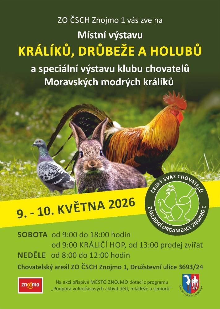 Pozvánka na výstavu zvířat konanou dne 9. a 10. května ve Znojmě.