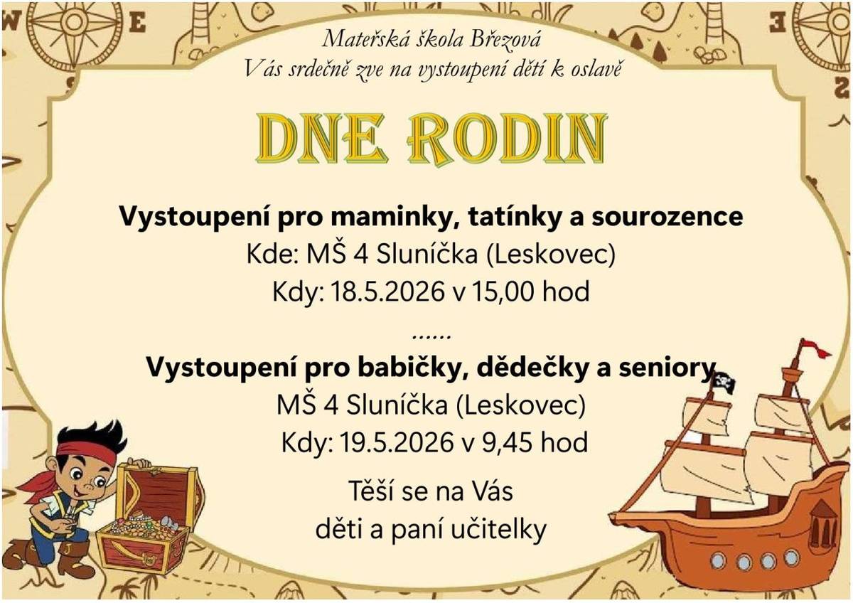Pozvánka MŠ Březová na vystoupení dětí u příležitosti Dne rodi