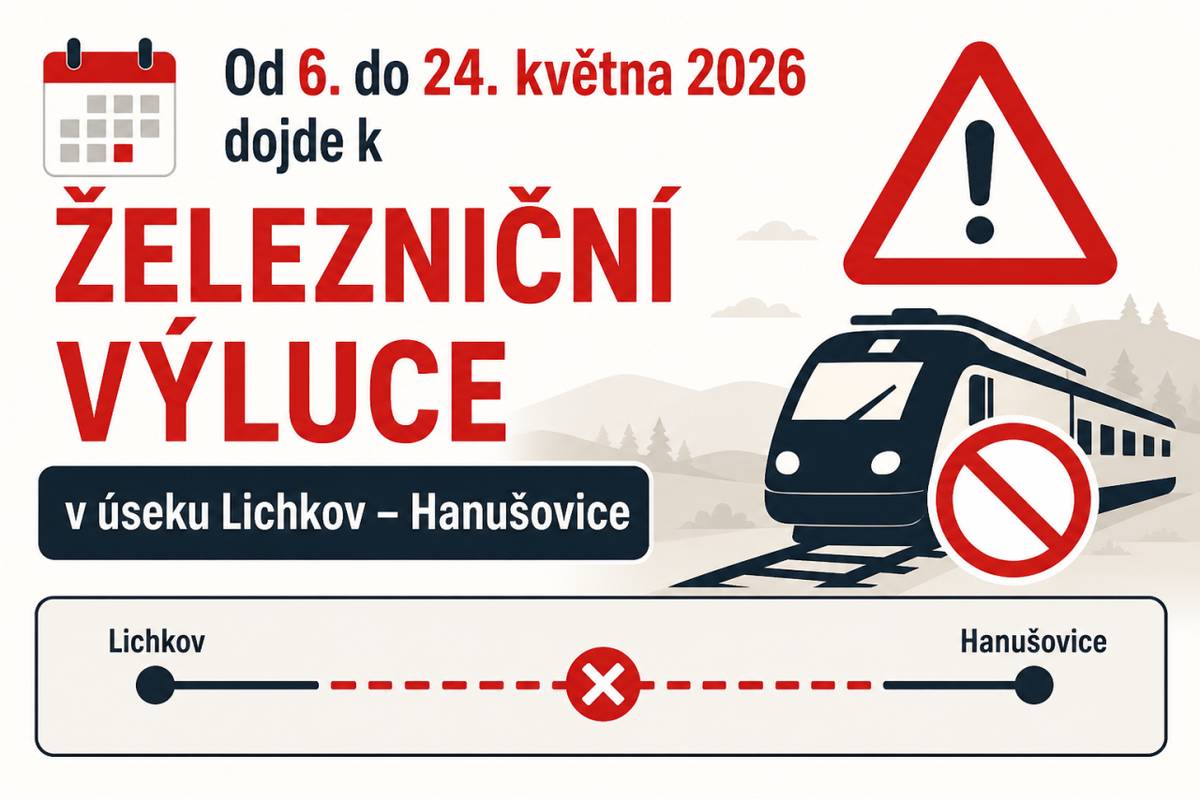 V období od 6. do 24. května 2026 nebudou v úseku Lichkov – Hanušovice jezdit vlaky.