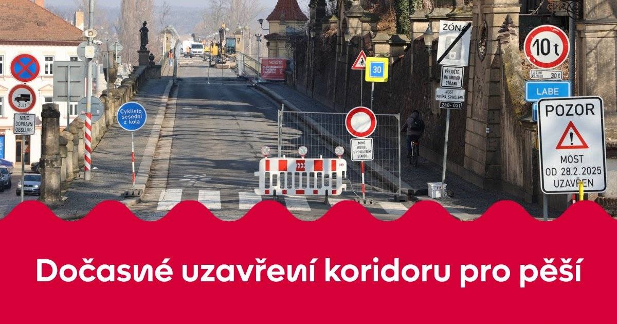 Upozorňujeme občany, že koridor pro pěší na rekonstruovaném mostě Ervína Špindlera bude z důvodu nezbytných stavebních prací dočasně uzavřen od soboty 16. května (15:00) do neděle 17. května (6:00). Stavební práce budou probíhat i v nočních hodinách.     V průběhu uzavírky dojde k výkopu přechodové oblasti mostu na vědomické straně za použití těžké techniky. Výkop bude přibližně 6 metrů dlouhý, v celé šířce mostu a hluboký asi 3,5 metru. Následně bude přes výkop instalována 12 m ocelová lávka, která zajistí bezpečný průchod pro pěší. Z důvodu předejití komplikacím vyžadujícím prodloužení uzavírky zhotovitel v předstihu provede průzkumnou sondu v předpolí mostu. O plánovaných pracích informoval investor rekonstrukce, Ústecký kraj.     Děkujeme za pochopení a trpělivost.