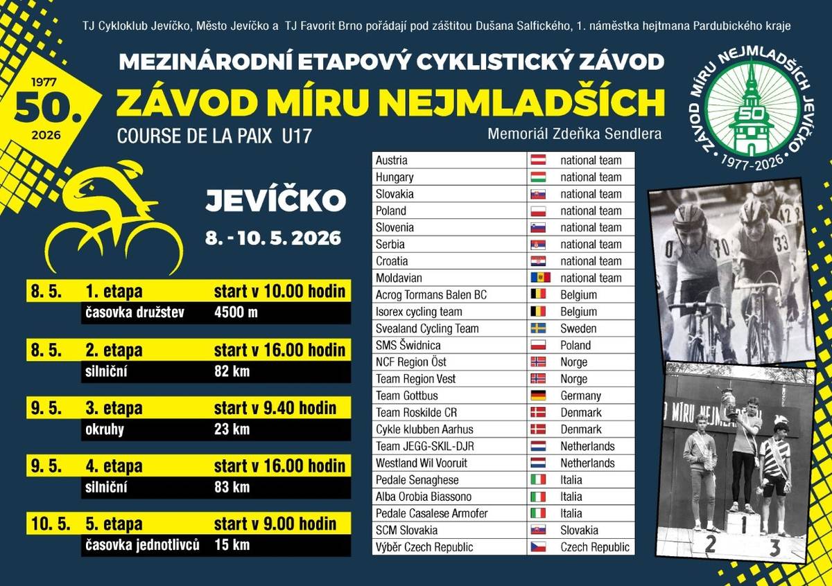 Vážení občané, do naší obce dvakrát zavítají účastníci 50. ročníku mezinárodního etapového cyklistického závodu .  V závodě startuje 170 cyklistů ze sedmnácti zemí. První průjezd obcí Březinky - Nectava bude v pátek dne 8. května v době od 17:40 hod. do 17:50 hod., kdy cyklisté přijedou od obce Hartinkov a dále budou pokračovat směrem na obec Šubířov. Druhý průjezd obcí Březinky - Nectava bude v sobotu dne 9. května v době od 16:45 hod. do 17:00 hod., kdy cyklisté přijedou od obce Vysoká a dále budou pokračovat směrem na obec Šubířov. Po dobu průjezdu cyklistů bude ostatní silniční provoz zastaven. Pořadatelé se obrací na všechny občany, chataře i chalupáře, aby zamezili volnému pobíhání domácích zvířat po silnici v době průjezdu cyklistů a neparkovali v trase závodu svá vozidla. Přijďte povzbudit mladé cyklisty při jejich sportovním zápolení a vytvořit přijemnou dívackou kulisu. Děkujeme a jsme s pozdravem za tým pořadatelů ředitel závodu Antonín Dostál, za obec Březinky - Nectava starosta obce Jiří Wolf