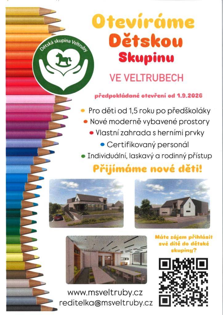 Přijímáme nové děti! Určeno pro děti od 1,5 roku a pro předškoláky. Pokud máte zájem obraťte se na email: reditelka@msveltruby.cz.
