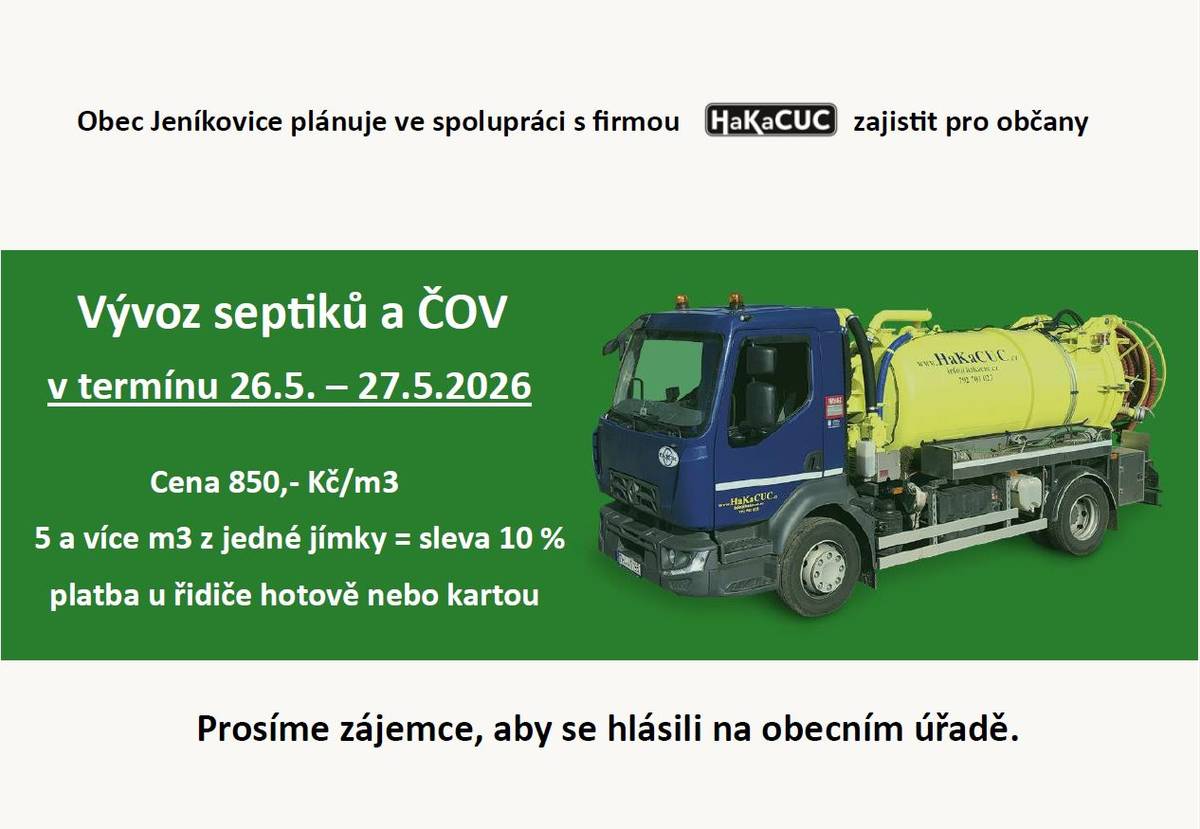 Připomínáme možnost vývozu septiků a ČOV v termínu 26.5. -27.5.2026. Zájemci se mohou hlásit na Obecním úřadě.