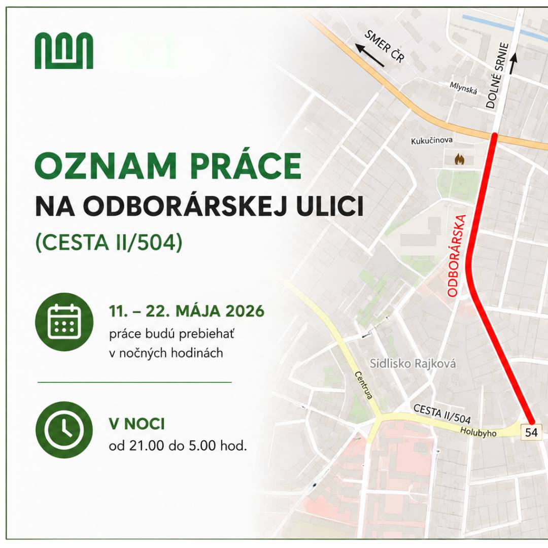 V termíne od 11. 5. do 22. 5. 2026 budú v nočných hodinách (21:00 – 05:00 h) prebiehať práce na monitorovaní a čistení verejnej kanalizácie bezvýkopovou technológiou na ul. Odborárska (cesta II/504). Práce budú realizované postupne s dočasným obmedzením dopravy na uliciach Malinovského a Robotnícka. Svetelná križovatka zostane počas celej doby v plnej prevádzke. 🙏 Prosíme vodičov aj obyvateľov o trpezlivosť, rešpektovanie dočasného dopravného značenia a zvýšenú opatrnosť. Práce zabezpečujú TVK, a.s. Monitorovanie a čistenie kanalizácie na ul. Odborárska prinesie dočasné dopravné obmedzenia | www.nove-mesto.sk