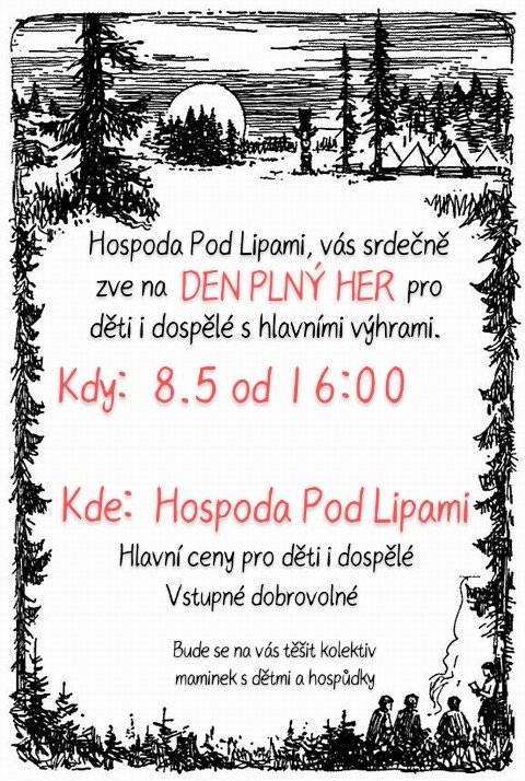 Občerstvení Pod Lipami vás zve na Den plný her pro děti i dospělé v pátek 8. 5. 2026 od 16 hodin.