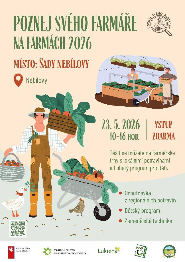 Farmářské trhy s lokálními potravinami a bohatý program pro děti v sadech Nebílovy. 23.května 2026 od 10 do 16 hodin.
