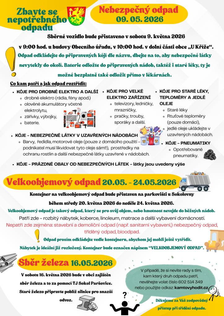 Nebezpečný odpad - sběrné vozidlo bude přistaveno v 9:00 hodin u Obecního úřadu a v 10:00 hodin v lokalitě 'U Kříže'.  Sběr železa proběhne v sobotu 16. května 2026.  Velkoobjemový odpad - Ve dnech od 20. do 24. května 2026 bude k dispozici kontejner na velkoobjemový odpad u sokolovny.