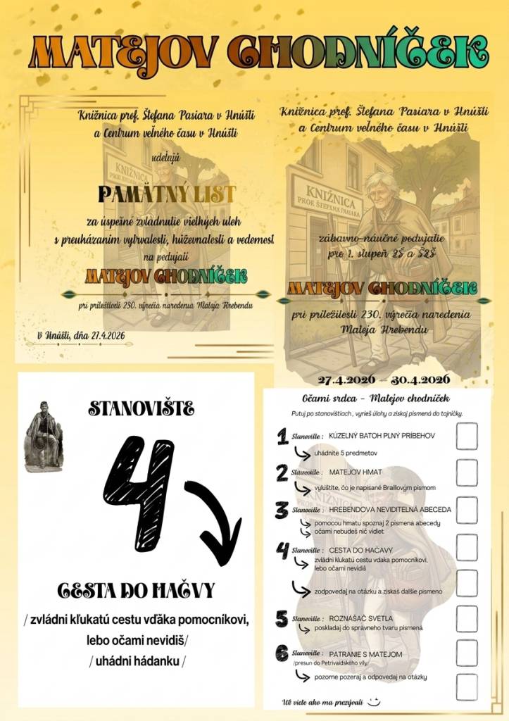 Hnúšťa, 5.5.2026 - Posledný aprílový týždeň park knižnice a priestory Petrivaldského vily ožili detským smiechom a zvedavosťou. Počas štyroch dopoludní sa tu uskutočnilo podujatie „Matejov chodníček“,