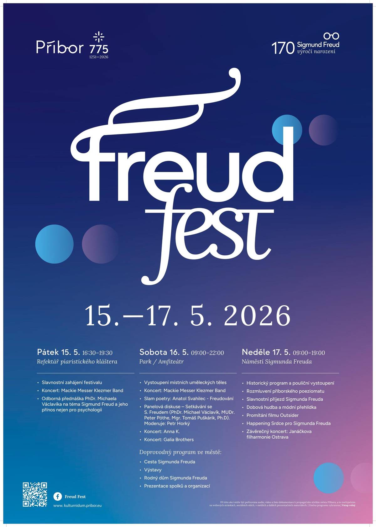 Město Příbor Vás zve ve dnech 15.- 17. května 2026 na výjimečnou kulturní událost Freud Fest 2026, která připomene 170. výročí narození Sigmunda Freuda, nejvýznamnějšího rodáka města. Sobotní program 16. května promění město v otevřenou kulturní scénu v areálu Městského parku. Neděle 17. května ponese přívlastek historický den a nabídne atmosféru přelomu 19. a 20. století na Náměstí Sigmunda Freuda. Důležitou součástí nedělního programu bude otevření nové expozice Dům snů Sigmunda Freuda, která se nachází v jeho rodném domě. Více informací o programu a dalších aktualitách naleznete na Freud Fest - Oficiální stránky města Příbor.
