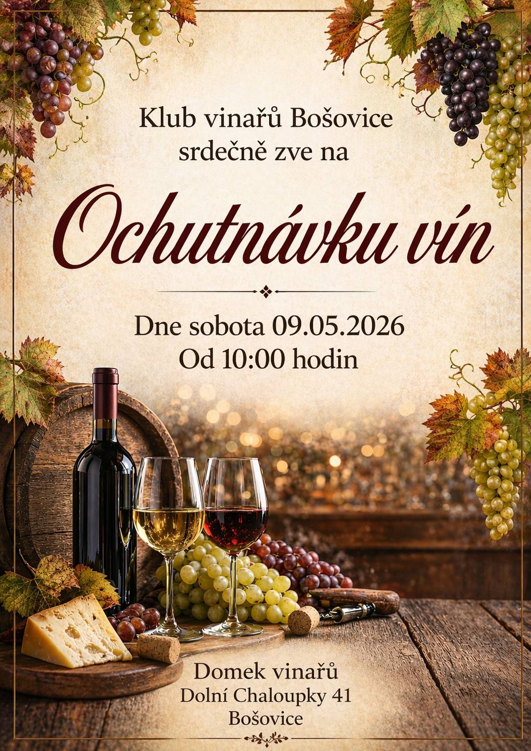 Ochutnávka vín, sobota 9.5.2026 od 10:00 hodin, Domek vinařů.