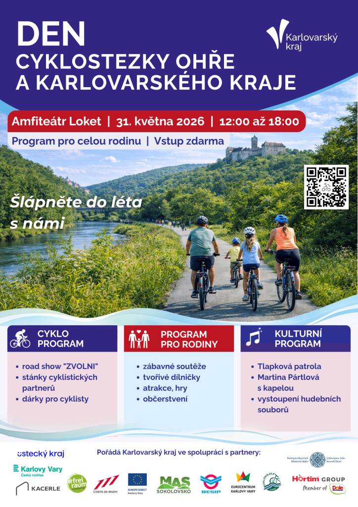 V amfiteátru Loket se 31. května 2026 od 12:00 do 18:00 uskuteční akce zaměřená na cyklistiku a rodiny. Na návštěvníky čeká bohatý program s různými soutěžemi, dílničkami a vystoupeními.