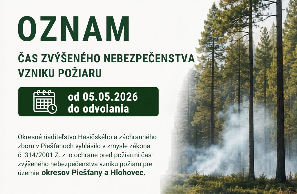 Okresné riaditeľstvo Hasičského a záchranného zboru v Piešťanoch vyhlásilo v zmysle zákona č. 314/2001 Z. z. o ochrane pred požiarmi čas zvýšeného nebezpečenstva vzniku požiaru pre územie okresov Piešťany a Hlohovec.