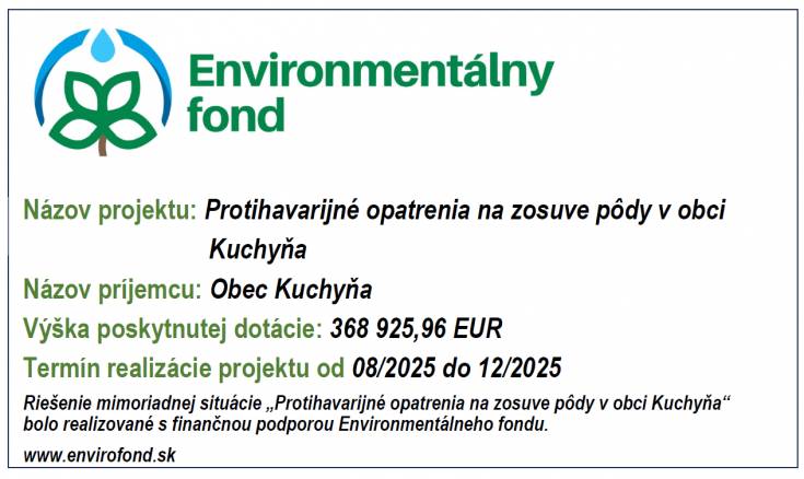 Obci Kuchyňa bola schválená finančná podpora z Environmentálneho fondu formou dotácie na projekt:  Protihavarijné opatrenia na zosuve pôdy v obci Kuchyňa vo výške: 368 925,96 EUR