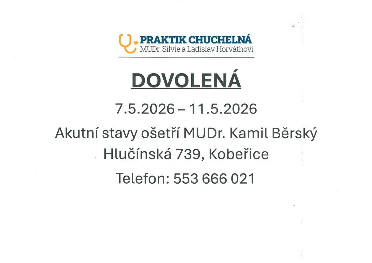 Ordinace praktických lékařů v Chuchelné - dovolená od čtvrtku 7.5.2026 do pondělí 11.5.2026.