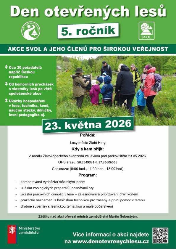 Den otevřených lesů - 5. ročník. Přijďte si užít den plný přírody, zážitků a poznání!   Čeká vás: Komentovaná vycházka lesem. Ukázky ze života zvířat a poznávací hry. Práce v lese včetně ukázky s koňmi. Hasičská technika a první pomoc v terénu. Drobné dárky a občerstvení.   Vyrazte s rodinou do lesa a zažijte den jinak!