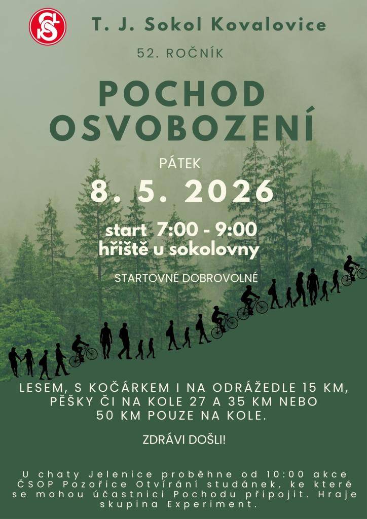 T.J.Sokol Kovalovice pořádá dne 8.5.2026 52.ročník Pochodu osvobození. Start 7.00 - 9:00 h na hřišti u sokolovny. Trasy 15, 27, 35 km, pouze na kole 50 km.