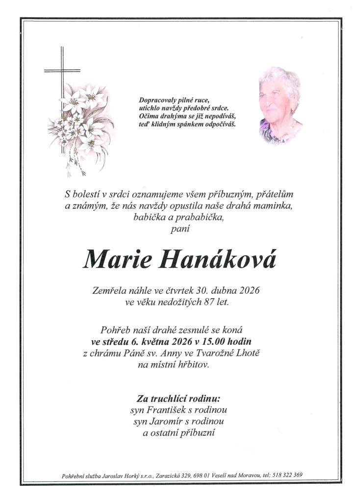 Smuteční oznámení Marie Hanáková
