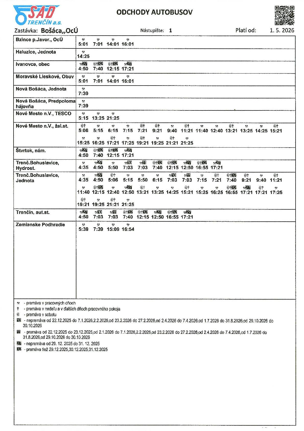 SAD Trenčín a.s. informuje o nových platných odchodoch autobusov od 1.5.2026 zo zastávky Bošáca, Obecný úrad.