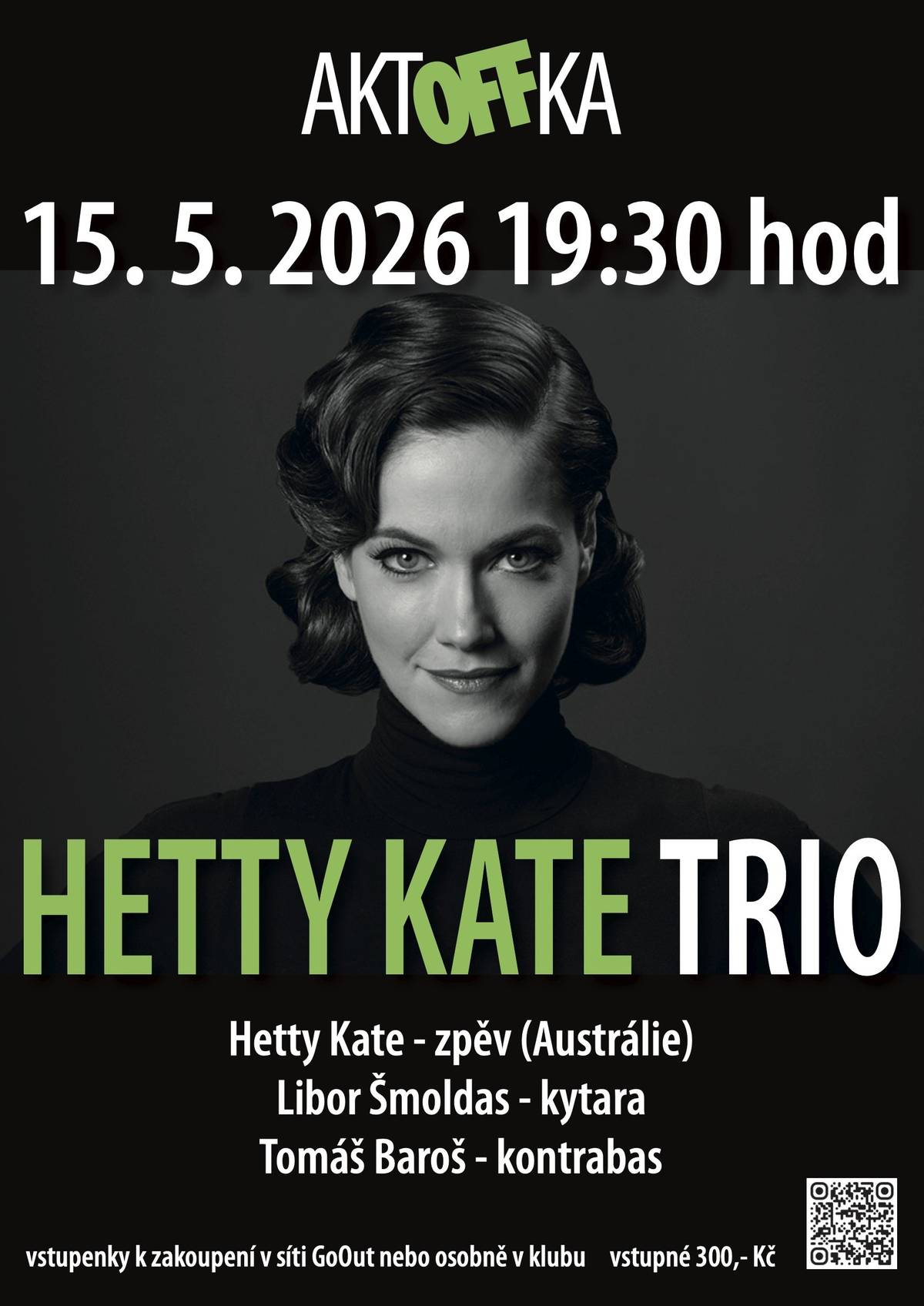 Aktoffka Art Club zve v pátek 15. května od 19.30 na koncert australské zpěvačky Hetty Kate.    Její podmanivý a jemně sametový hlas patří k tomu nejzajímavějšímu, co současná vokální scéna nabízí. Ve svém repertoáru propojuje jazz, swing i známé melodie a dokáže je podat s lehkostí, elegancí a přirozeným šarmem, který si vás získá už po pár tónech. Hetty Kate vystupuje na prestižních pódiích po celé Evropě a patří mezi zpěvačky, které dokážou vytvořit blízkou a příjemnou atmosféru i v komorním prostoru – přesně takovou, jakou znáte z Aktoffky. Na pódiu ji doprovodí kytarista Libor Šmoldas a kontrabasista Tomáš Baroš. Čeká vás večer s hudbou, která pohladí, zpomalí a nechá vás na chvíli zapomenout na každodenní shon. Vstupné: 300 Kč (GoOut nebo osobně v Aktoffce)  Vstupenky: https://goout.net/cs/hetty-kate-trio/szsbmgy/  Více na webu: https://aktoffka.cz/