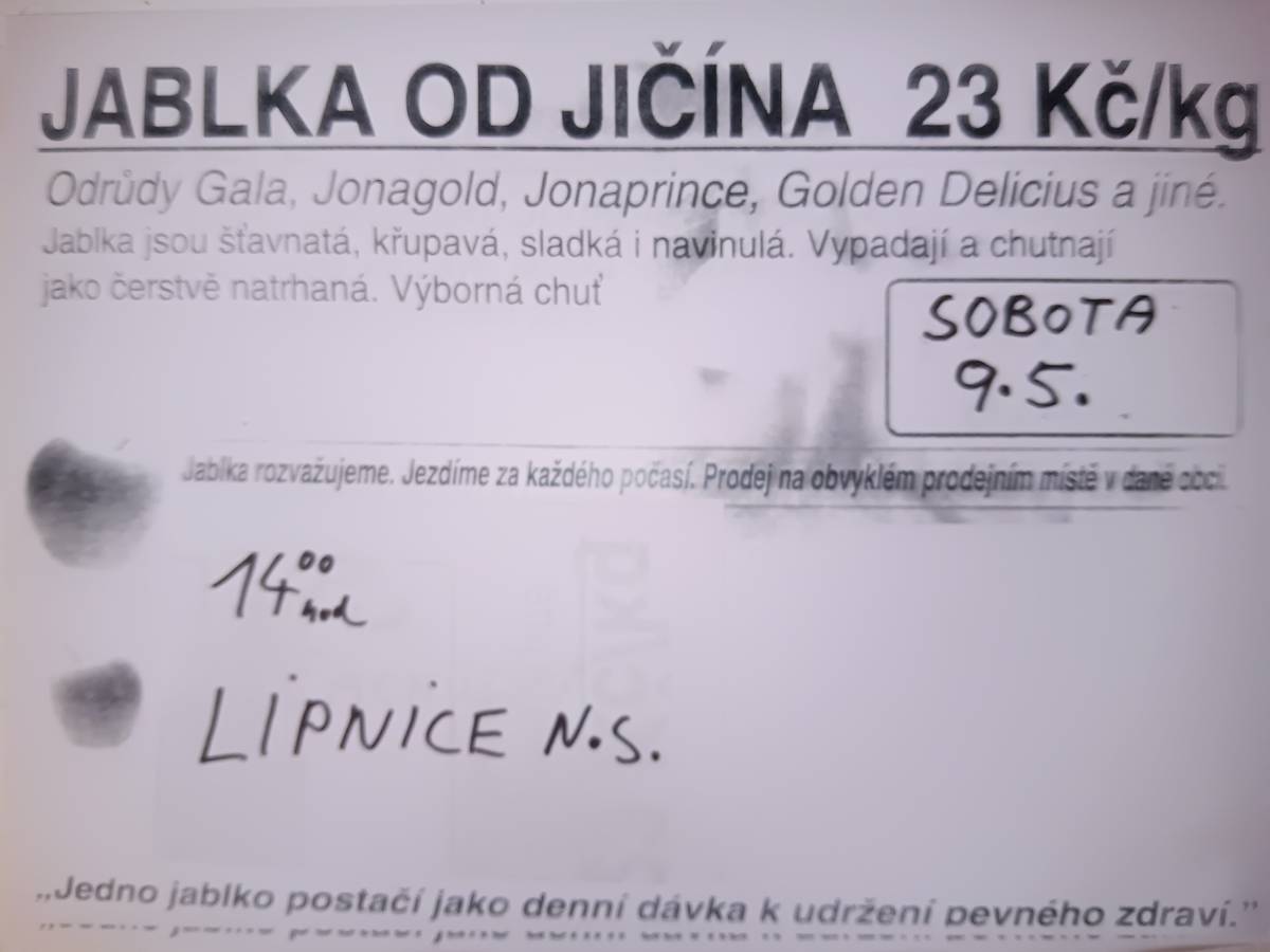 Prodej chutných českých jablek se uskuteční v sobotu 9.5.2026 ve 14.00 hodin na lipnickém náměstí. Cena 23 Kč/kg.