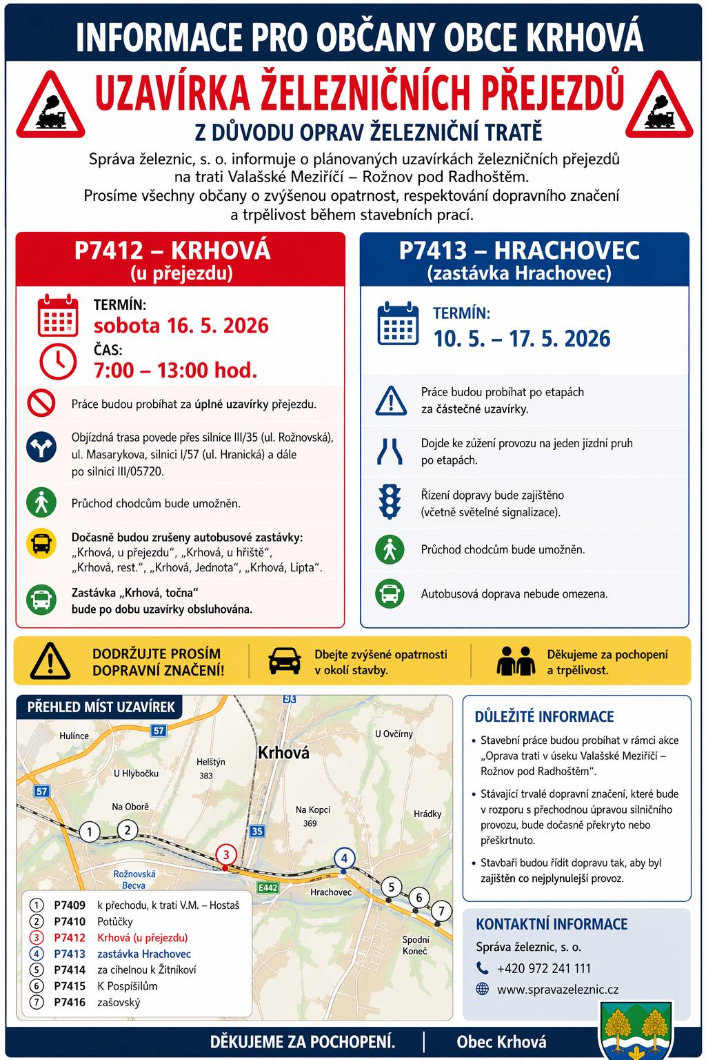 🚧 UPOZORNĚNÍ PRO OBČANY 🚧 Ve dnech 10.–17. 5. 2026 proběhnou v Krhové a okolí plánované uzavírky železničních přejezdů z důvodu opravy železniční tratě. 🔴 P7412 – Krhová (u přejezdu) 📅 Sobota 16. 5. 2026 ⏰ 7:00–13:00 hod. ➡️ Úplná uzavírka přejezdu 🔵 P7413 – Hrachovec (u zastávky) 📅 10.–17. 5. 2026 ➡️ Provoz bude řízen kyvadlově v jednom jízdním pruhu Prosíme všechny řidiče i chodce o zvýšenou opatrnost, respektování dopravního značení a trpělivost během stavebních prací. 🙏