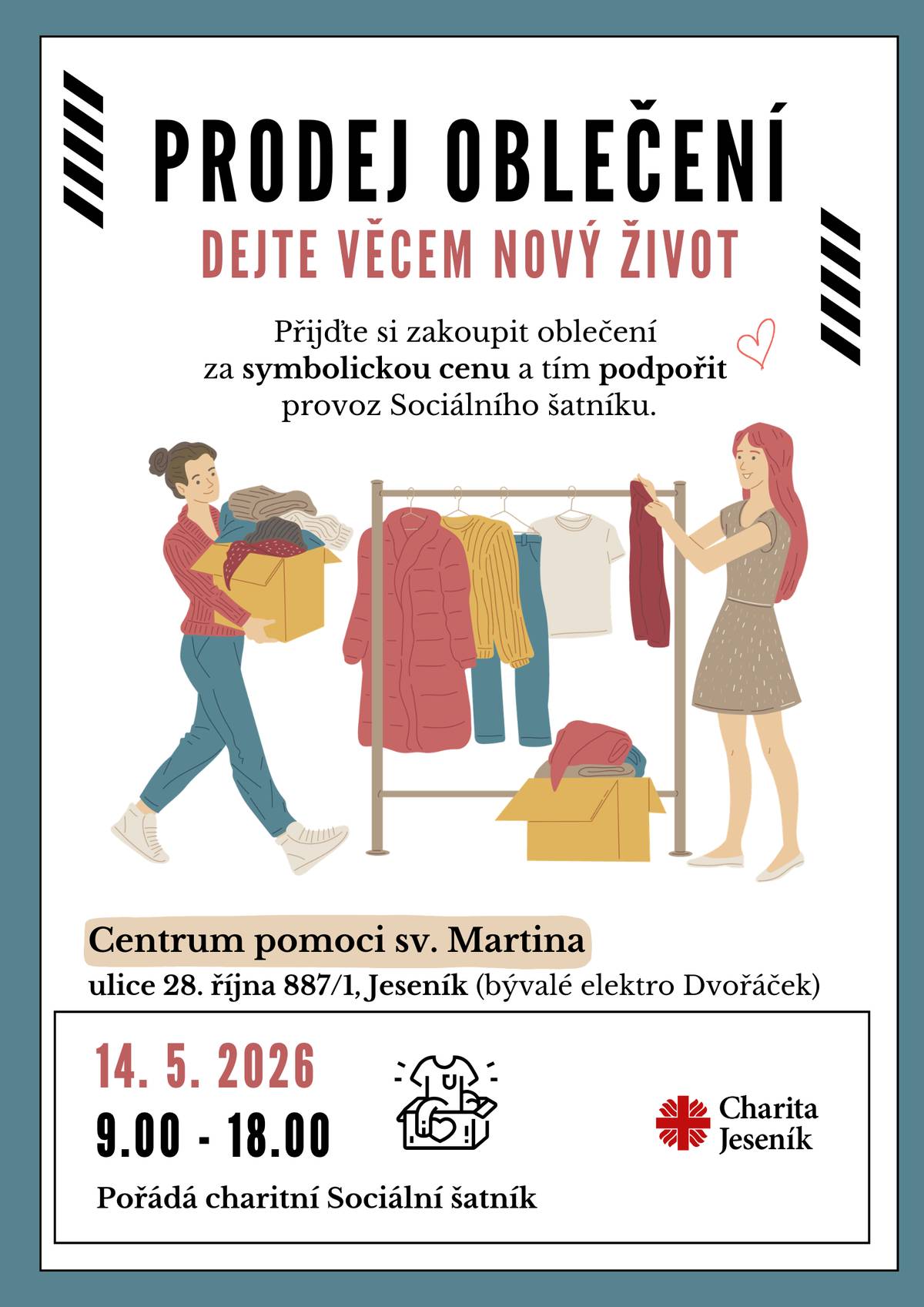 Charita Jeseník pořádá 14. 5. 2026 PRODEJ OBLEČENÍ ze skladu sociálního šatníku.