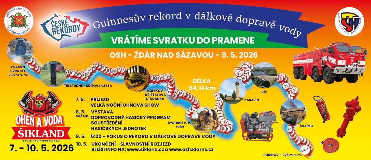 V rámci hasičského víkendu 7.-10.5.2026 proběhne v sobotu 9.5.2026 pokus o Guinnesův rekord v dálkové přepravě vody s názvem „Vrátíme Svratku do pramene“. Akce bude probíhat na území bystřického regionu a je veřejnosti volně přístupná. Přjďte se podívat za našimi hasiči (SDH Dolní Rožínka), budou operovat v Karasíně, kousek za rozhlednou! Doprovodný program na Šiklandu v rámci celého víkendu.