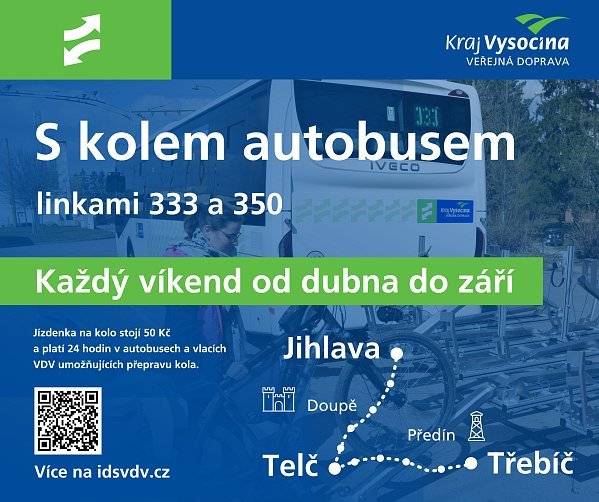 Vyrážíte na výlet na kole, ale nechcete celou cestu jen šlapat do pedálů? Veřejnou dopravou Vysočiny je možné cestovat s kolem i autobusem, každý víkend od dubna do září.A to autobusem linky 350 z Třebíče nebo linkou 333 z Jihlavy. Ze směru od Třebíče se i s kolem svezete každé dvě hodiny a od Jihlavy 3x za den. Vystoupit nebo nastoupit s kolem je možné krom cílových měst na lince 333 i na zastávkách v Kostelci, Třešti, Řásné a Doupěti, a na lince 350 ve Staré Říši, Předíně a Markvarticích.  Nabídka linky 333 o víkendech doplňuje běžná vlaková spojení, kterými je také možné cestovat s kolem. Jízdenky Veřejné dopravy Vysočiny jsou přestupní, takže lze cestu autobusem s jízdou vlakem libovolně kombinovat.