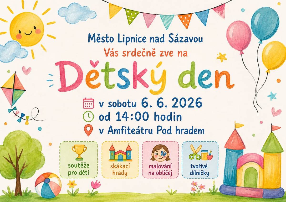 Srdečně zveme děti i rodiče na Dětský den v amfiteátru 6.6.2026 od 14.00 hodin.