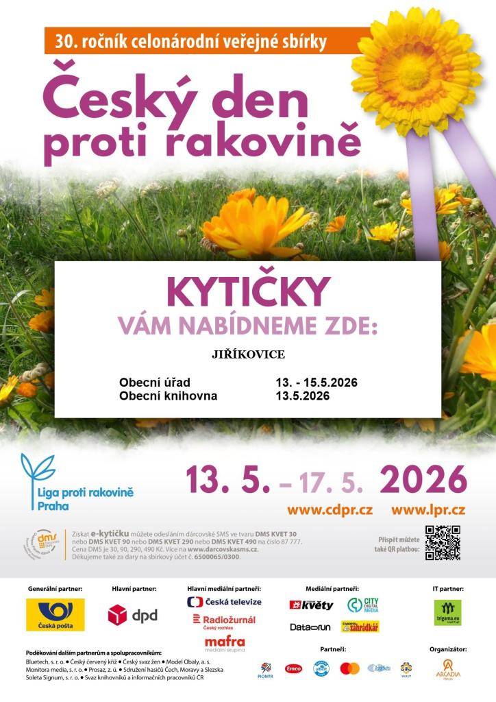 Prodej kytiček probíhá na obecním úřadu ve dnech 13. - 15.5.2026 a ve středu 13.5.2026 v odpoledních hodinách také v obecní knihovně.