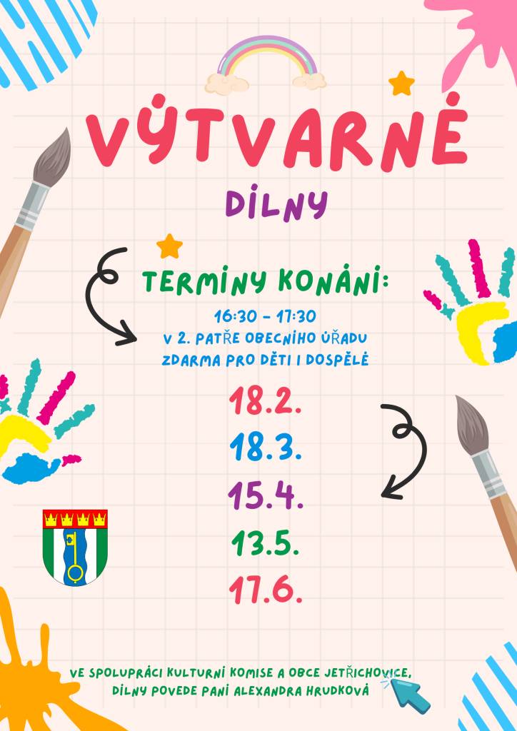 Výtvarné dílny se konají ve spolupráci s kulturní komisí a obcí Jetřichovice pod vedením paní Alexandry Hrudkové. Akce proběhne 13.5. a 17.6. v 2. patře obecního úřadu od 16:30 do 17:30. Vstup je zdarma pro děti i dospělé, a tak si můžete užít kreativní aktivity v příjemné atmosféře.