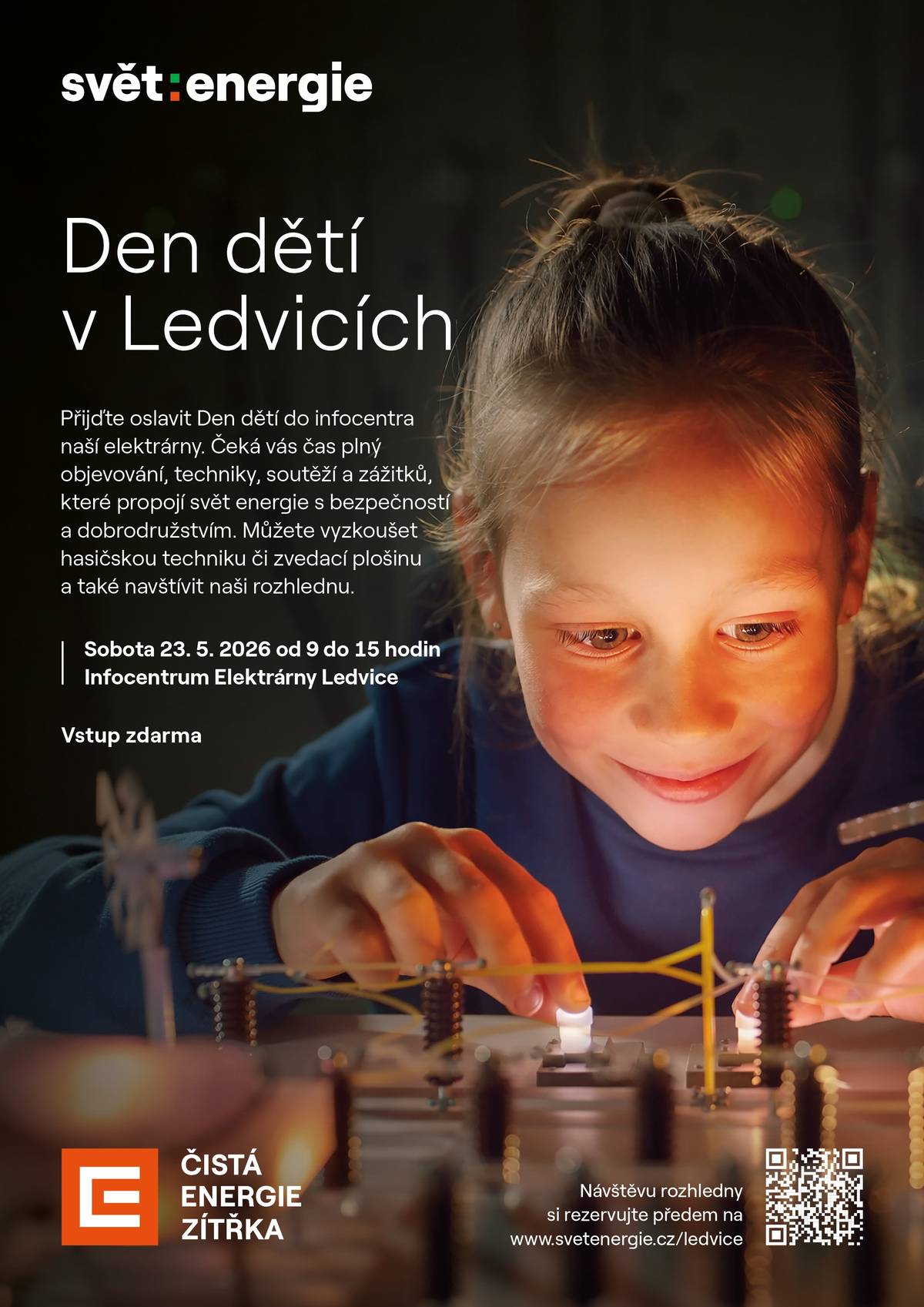 srdečně Vás zveme na Den dětí v Ledvicích, který se uskuteční 23. května 2026 od 9 do 15 hodin. Pro děti bude připraven bohatý program – vyzkouší si například hasičskou techniku nebo zvedací plošinu. Navštívit můžete také rozhlednu, jejíž návštěvu je nutné si předem rezervovat. Další informace naleznete v přiloženém letáku.   Dana Daňková a Bc. Zdena Zolotarjov  Průvodci IC Ledvice Informační centra SKČ ČEZ, a. s. Elektrárna Ledvice 141, 418 48, Bílina +420 411 102 313 infocentrum.ele@cez.cz