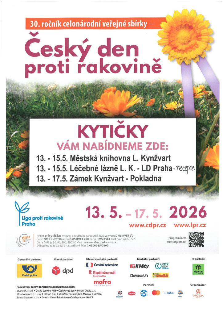 Ve středu 13. května se uskuteční 30. ročník celonárodní veřejné sbírky Český den proti rakovině. Přispět můžete zakoupením žlutého kvítku měsíčku lékařského v minimální hodnotě 20,- Kč.