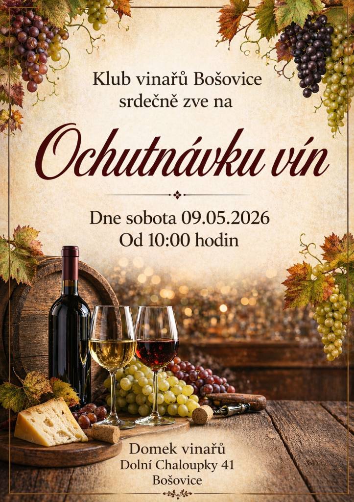 Klub vinařů Bošovice zve všechny přátele vína na „Ochutnávku vín“, která proběhne v sobotu 09. května od 10:00 hodin na Domku vinařů, Dolní Chaloupky 41.