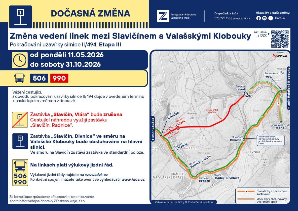 Změna vedení linek mezi Slavičínem a Valašskými Klobouky od 11. 5. 2026 do 31. 10. 2026