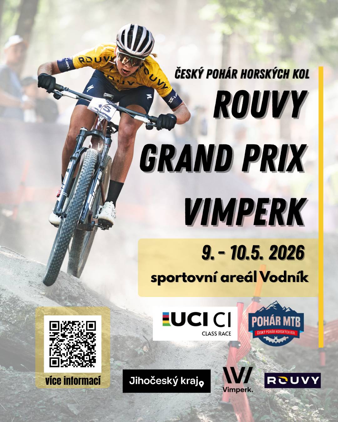 Sportovní areál Vodník ve Vimperku bude 8. až 10. května poprvé v historii hostit závod Českého poháru horských kol – ROUVY Grand Prix Vimperk. Město přivítá několik set závodníků a spoustu diváků a organizace takto velkého závodu si proto vyžádá i nutná dopravní omezení. V pátek 8. května odpoledne bude na Vodníku otevřena závodní kancelář a proběhnou podvečerní tréninky. V sobotu 9. května se odehrají závody elitních kategoriích a neděle 10. května bude patřit závodníkům do 15 let. Vimperští bikeři také upozorňují na nutná dopravní omezení, která si organizace takto velké akce nutně vyžádá. „Dojde k dopravním omezením v ulicích Purkártova, Hřbitovní a Sušická a v okolí areálu Vodník. Řidiče proto prosíme o zvýšenou pozornost a respektování dopravního značení,“ upozornil Jakub Kadlec z pořadatelského Bike klubu Vimperk. „Srdečně zveme veřejnost na celý víkendový program závodů. Diváci se mohou těšit na soutěže všech kategorií – od dětských a mládežnických závodů až po elitní jezdce z České republiky i ze zahraničí. Závody nabídnou atraktivní sportovní podívanou v krásném prostředí areálu Vodník i jeho okolí,“ dodal Kadlec. Stránky závodu s dalšími podrobnostmi: ROUVY Cycling Team - ROUVY Grand Prix Parkování pro veřejnost přímo v areálu Vodník, GPS: 49.0596289N, 13.7622089E   ČASOVÝ ROZPIS ZÁVODŮ: Pátek 8. 5. 2026 16:00 - 19:00 Otevření závodní kancelář 17:00 - 19:00 Oficiální trénink technických sekcí – U11 a mladší žáci/žákyně 17:00 - 19:00 Oficiální trénink pro všechny sobotní kategorie Sobota 9. 5. 2026 08:00 - 09:30 Závodní kancelář - Registrace pro sobotní závody 08:00 - 18:15 Závodní Kancelář - Výsledkový servis 08:00 - 09:15 Oficiální trénink pro všechny sobotní kategorie 08:00 - 17:00 Oficiální trénink technických sekcí – U11 a mladší žáci/žákyně 09:30 Kadeti,, Masters, Expert 11:00 Junioři 12:30 Vyhlášení výsledků – Kadeti, Junioři, Masters, Expert 12:30 - 13:15 Oficiální trénink pro Muži Elite, Ženy Elite, Juniorky a Kadetky. Povinné startovní číslo 13:30 Ženy Elite, Juniorky, Kadetky 15:30 Muži Elite 15:00 – 17:00 Závodní kancelář - Registrace pro nedělní závody 17:15 Vyhlášení výsledků – Muži Elite, Ženy Elite, Juniorky, Kadetky, 17:00 – 18:00 Oficiální trénink na žákovské trati a na dětských tratích XCO pro všechny kat. závodící v neděli Neděle 10. 5. 2026 08:00 – 15:00 Závodní Kancelář - Výsledkový servis 08:30 - 14:00 Technické sekce 08:30 - 09:15 Technické sekce - holky 9-10 let (U11 W) 09:15 - 10:00 Technické sekce - kluci 9-10 let (U11 M) 10:00 - 11:00 Technické sekce - mladší žákyně (U13 W) 11:00 - 12:00 Technické sekce - mladší žáci (U 13 M) 09:00 Kluci 5-6 let a holky 5-6 let. Společný start (U7 M and U7 W) 09:20 Holky 7-8 let (U9 W) 09:40 Kluci 7-8 let (U9 M) 10:00 Holky 9-10 let (U11 W) 10:30 Kluci 9-10 let (U11 M) 11:00 Vyhlášení výsledků dopolední kategorie 12:00 Mladší žákyně (U13 W) 12:45 Mladší žáci (U13 M) 13:30 Starší žákyně (U15 W) 14:15 Starší žáci (U15 M) 15:15 Vyhlášení výsledků dopolední kategorie