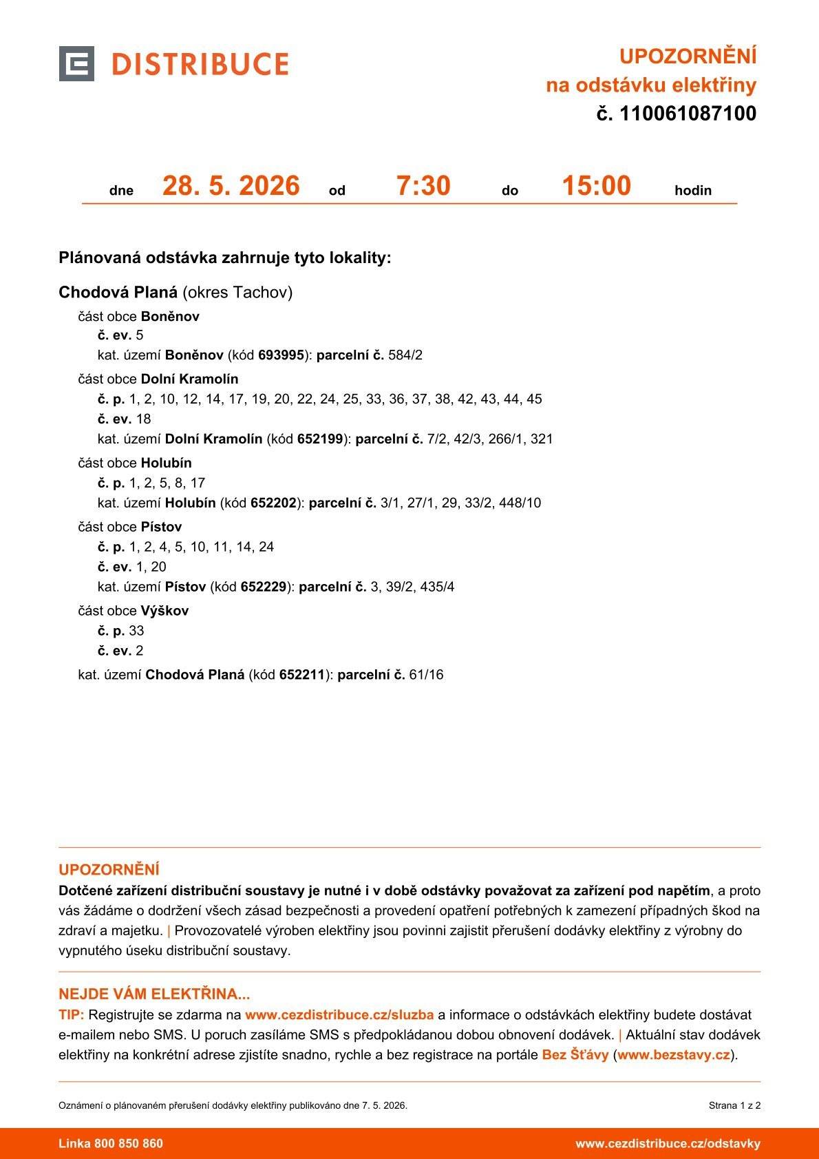 ČEZ - plánovaná odstávka 28. 5. 2026