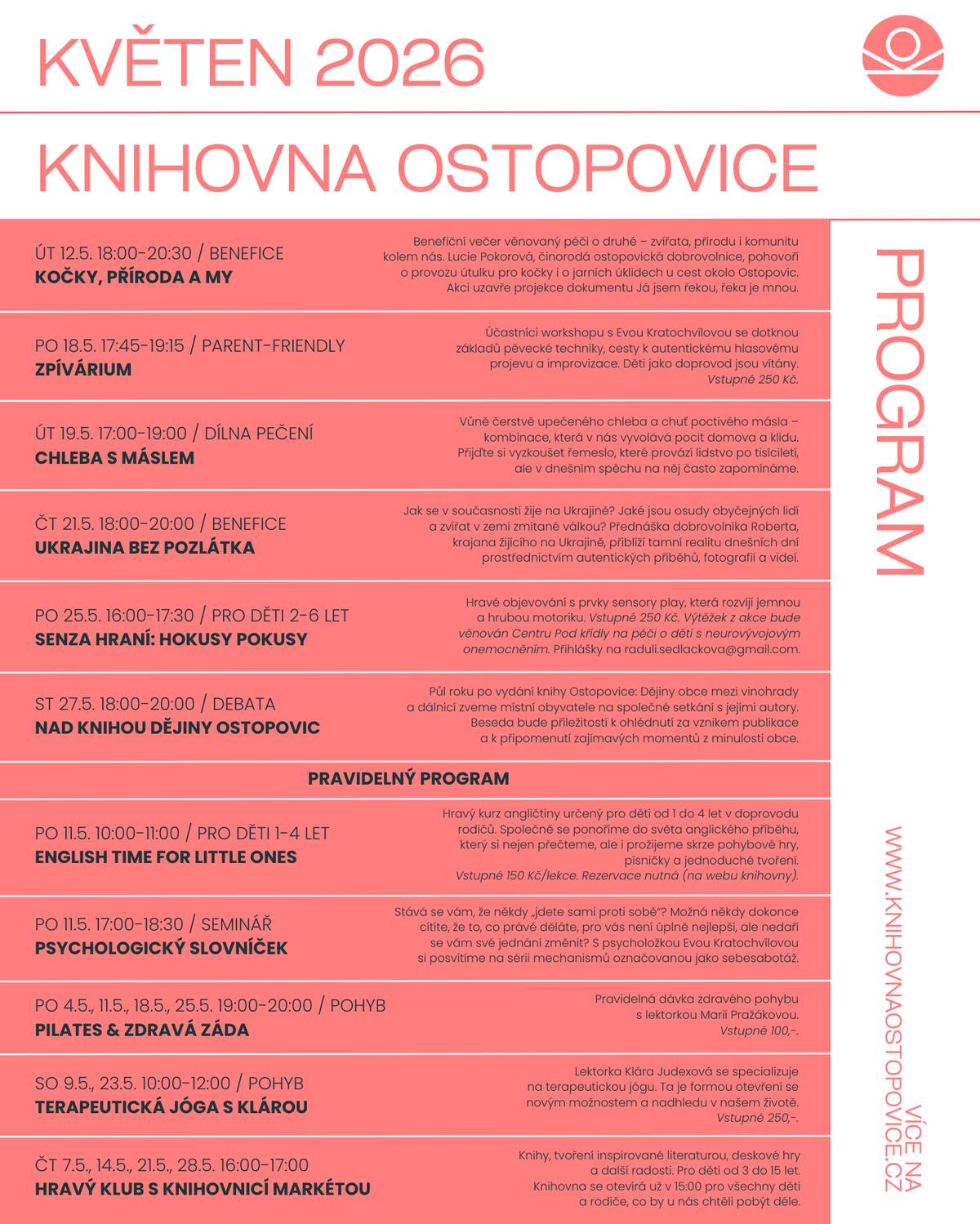 Srdečně zveme na květnové akce v obecní knihovně.  Doporučujeme rezervace místa na webu knihovny: https://www.knihovnaostopovice.cz/program.