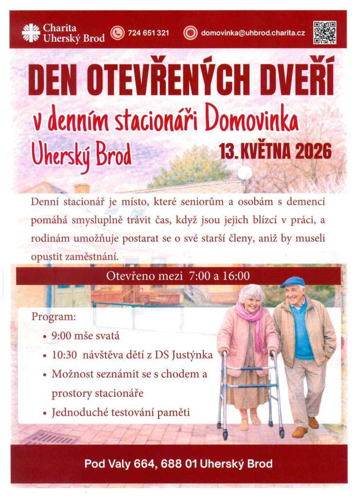 Charita Uh. Brod zve na Den otevřených dveří Denního stacionáře Domovinka. Domovinka je místem, kde můžou senioři trávit smysluplně čas během dne. Najdou zde společnost svých vrstevníků i podporu školeného personálu. Akce se koná příští středu 13. května v Uh. Brodě. Více informací na webu Charity.