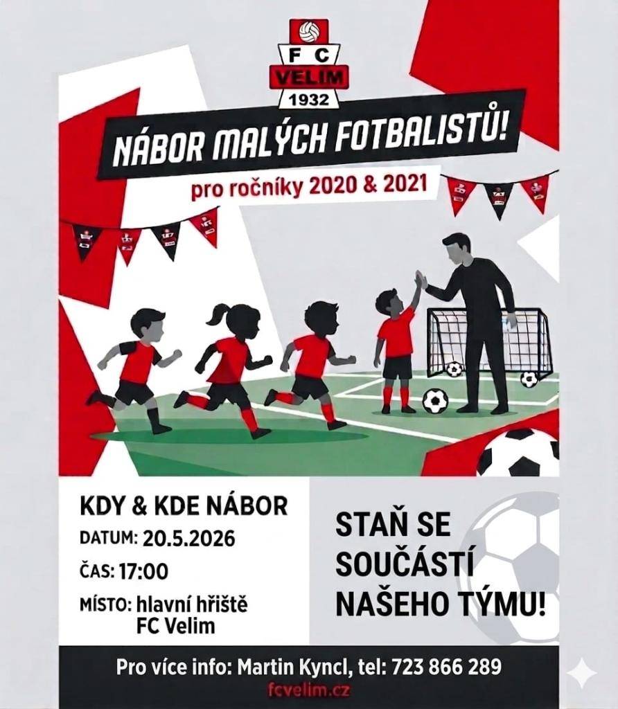 FC Velim srdečně zve všechny děti, které se chtějí připojit k našemu fotbalovému klubu. V rámci náboru hledáme kluky i holky ročníků 2020 a 2021, kteří mají zájem o fotbal a pohyb. Akce se koná 20. května 2026 od 17:00 na hlavním hřišti klubu. Mladí zájemci si budou moci vyzkoušet trénink a zjistit,