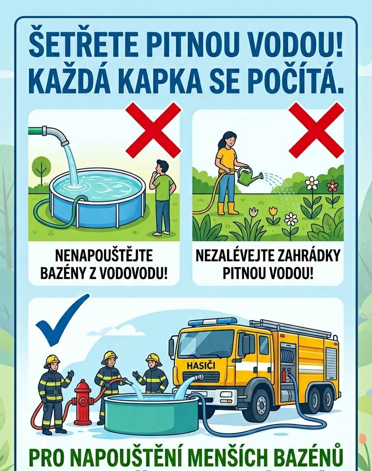 Vzhledem k aktuálnímu suchu Vás žádáme, abyste pitnou vodu z řadu nepoužívali k napouštění bazénů ani zalévání zahrad. Pokud potřebujete napustit menší bazén, využijte pomoc našich hasičů. Děkujeme